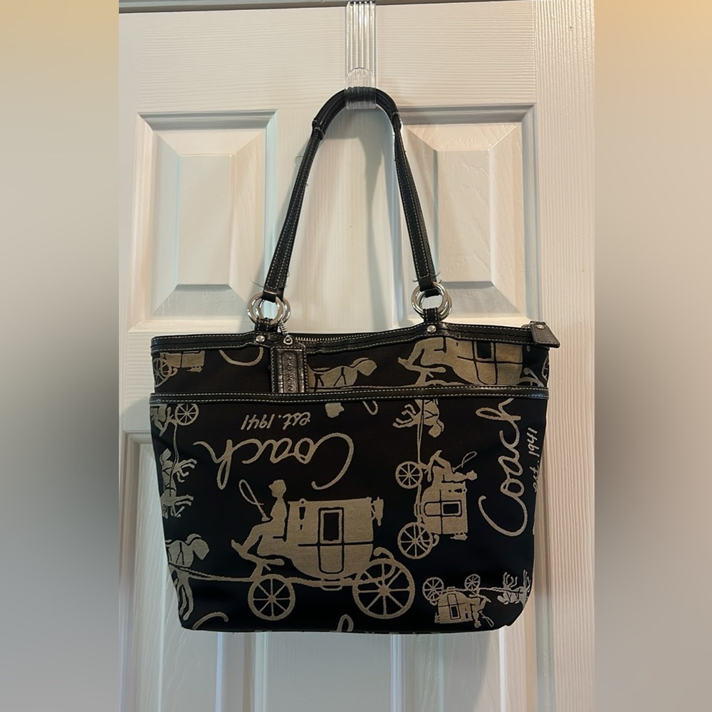 Signatures Coach Black Satin Horse Carriage Tote Bag
